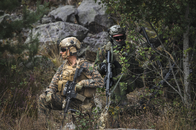 A Finnish and an American soldier in an exercise.